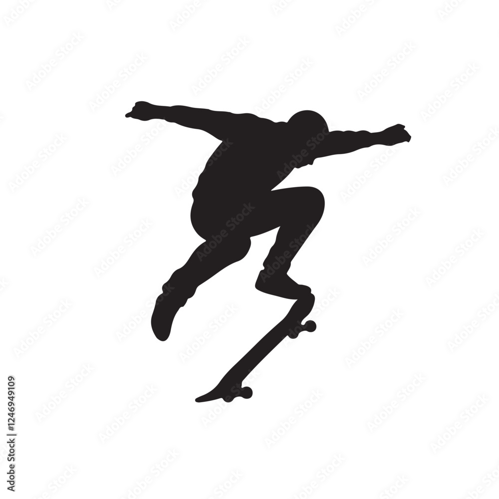 Silhouette vector illustration of a skateboarder performing a trick on a white background Silhouette vector illustration of a skateboarder performing a trick on a white background