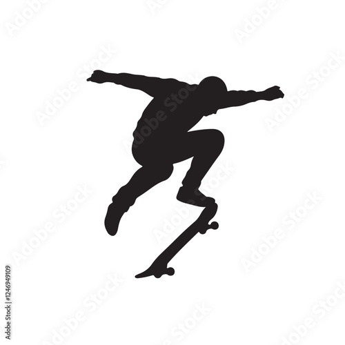 Silhouette vector illustration of a skateboarder performing a trick on a white background