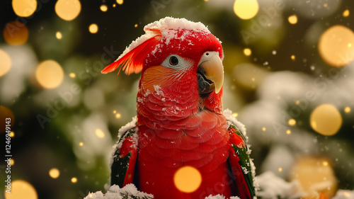 red parrot dusted with snow, against a festive backdrop of golden bokeh lights and blurred greenery photo