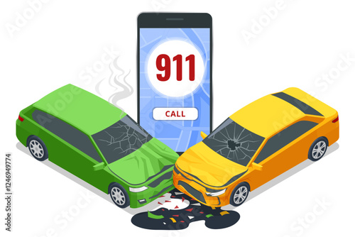 Car crash. Isometric vector illustration of a car accident with two damaged cars. Calling emergency services, with a 911 speech bubble above him. Smoke and oil spill visible