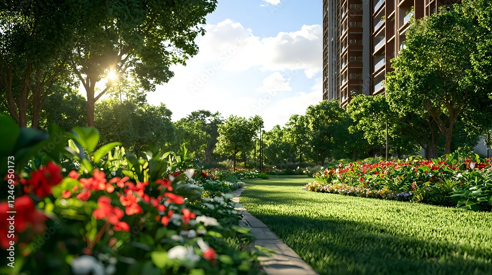 Obraz premium Lush Garden Path with Red Flowers and Modern Building