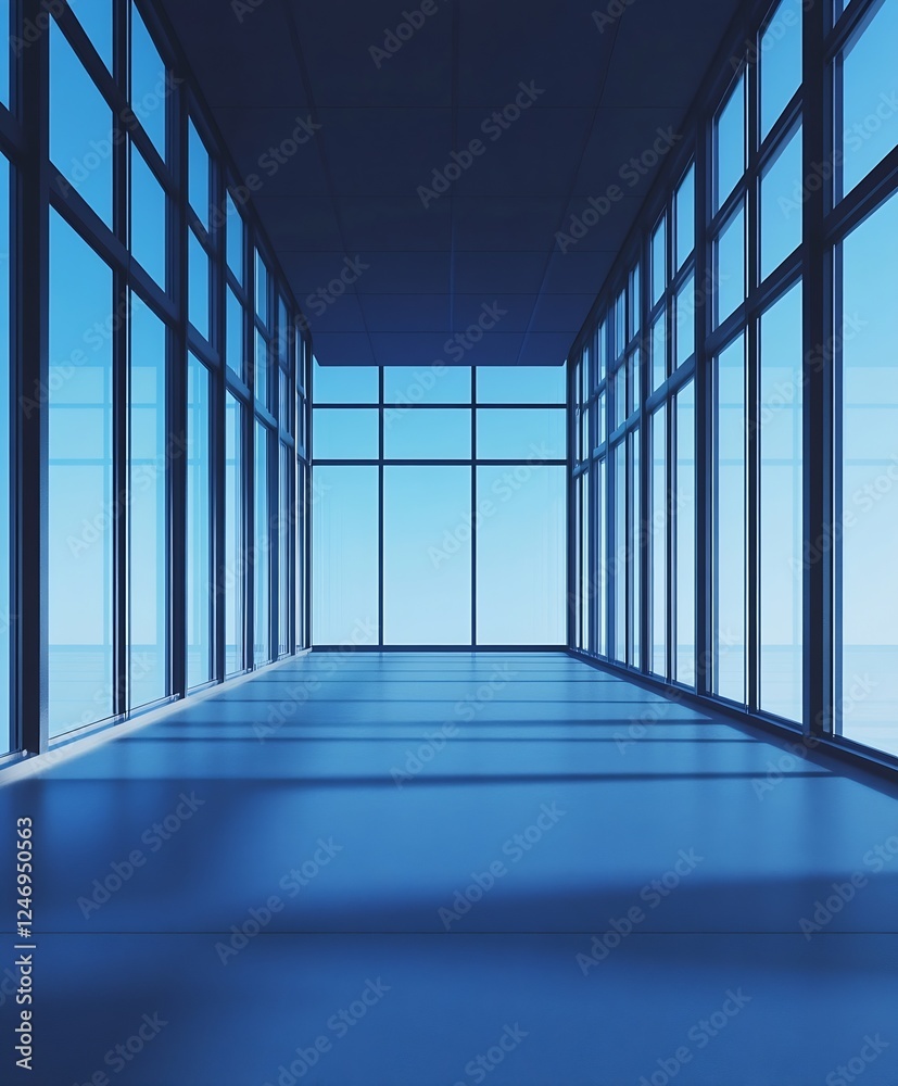 Fototapeta premium Contemporary Minimalist Glass Corridor with Reflections and Serene Blue Atmosphere : Generative AI