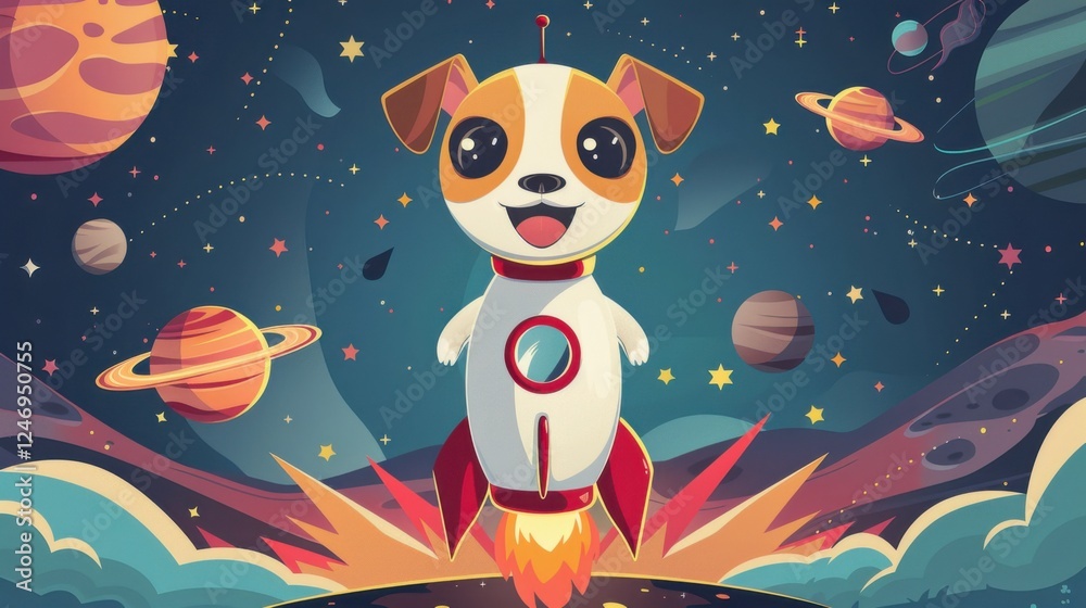 Cartoon dog face with a rocket ship, space adventure background with planets Cartoon dog face with a rocket ship, space adventure background with planets