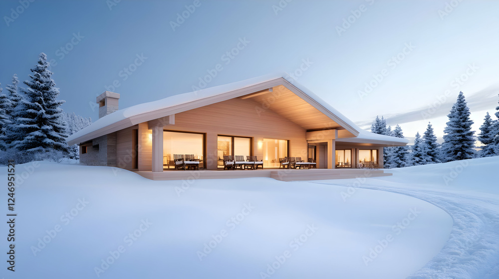A modern house surrounded by snow-covered trees during twilight, showcasing serene winter beauty and architectural design. A modern house surrounded by snow-covered trees during twilight, showcasing serene winter beauty and architectural design.