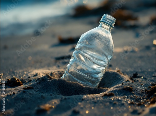  Plastic bottle waste on beach sand – Worn-out plastic bottle stuck in beach sand, illuminated by evening light. Marine pollution, ecological responsibility, and waste problem.