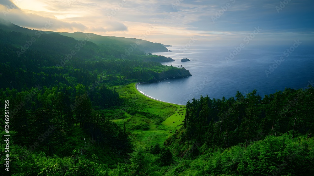 Obraz premium Lush Green Coastline and Ocean View