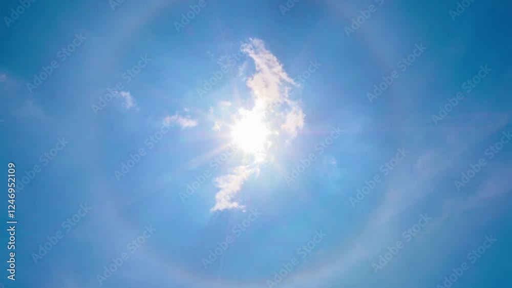 Magnificent sun halo surrounded by white clouds against a bright blue sky during midday
