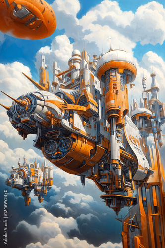 Massive Sci-Fi Ship and vessels Approaching Futuristic City Skyscraper.
