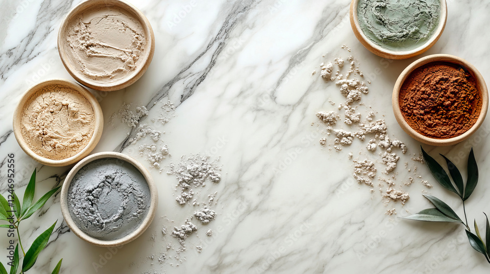 Fototapeta premium Collection of various types of colorful powders in small containers on a white background