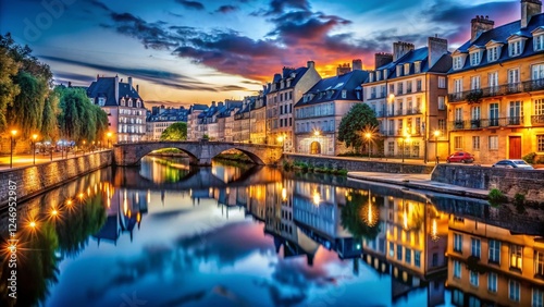 Rennes France Night Photography: Vilaine River Cityscape Lights