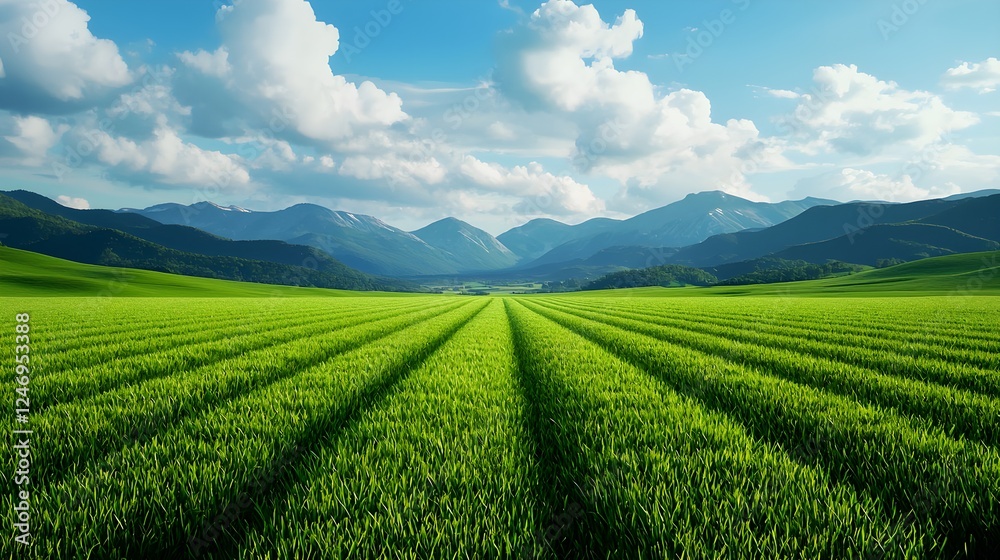 Lush Green Field Landscape with Mountains Lush Green Field Landscape with Mountains