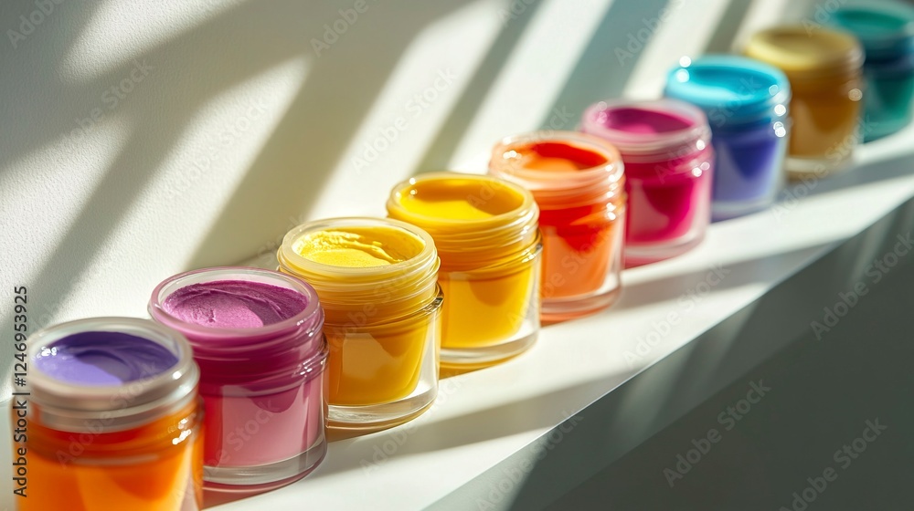 Row of jars filled with various vibrant colors of paint arranged on a wooden surface Row of jars filled with various vibrant colors of paint arranged on a wooden surface