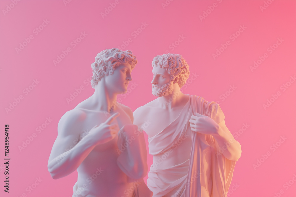 Two statues of men in love on a pink background. Same-sex love. Valentine's Day. Gay men. Two men as a couple. 