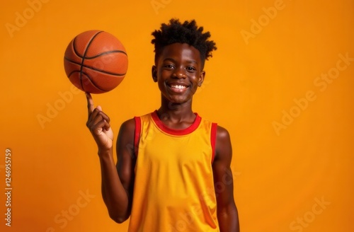 Cheerful African American teenage boy in basketball jersey spinning basketball on finger on orange background