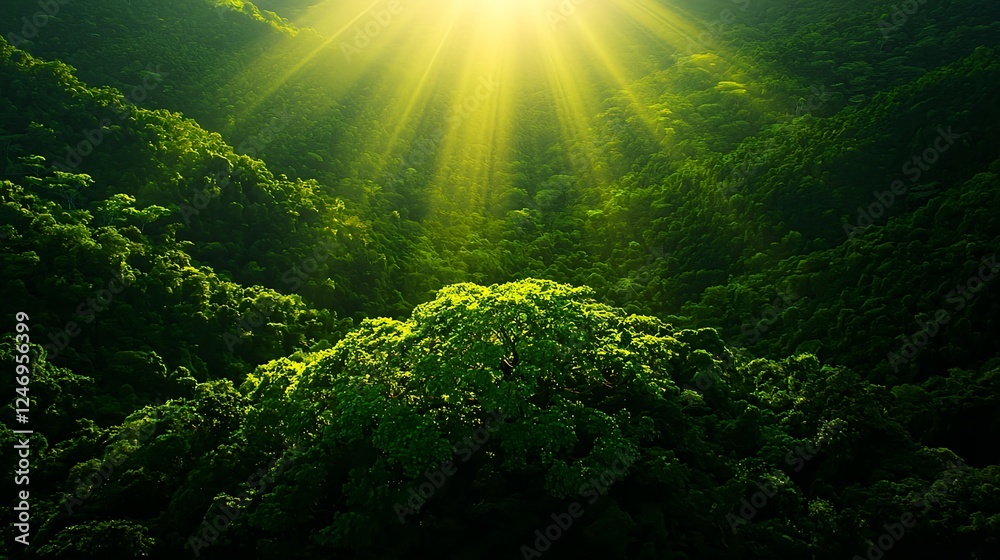 Fototapeta premium Lush Green Forest Bathed in Sunlight