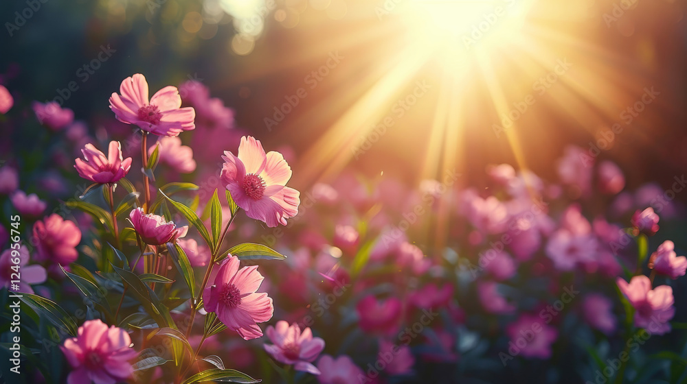 Obraz premium Vibrant pink peonies blooming in sunlight, creating serene atmosphere