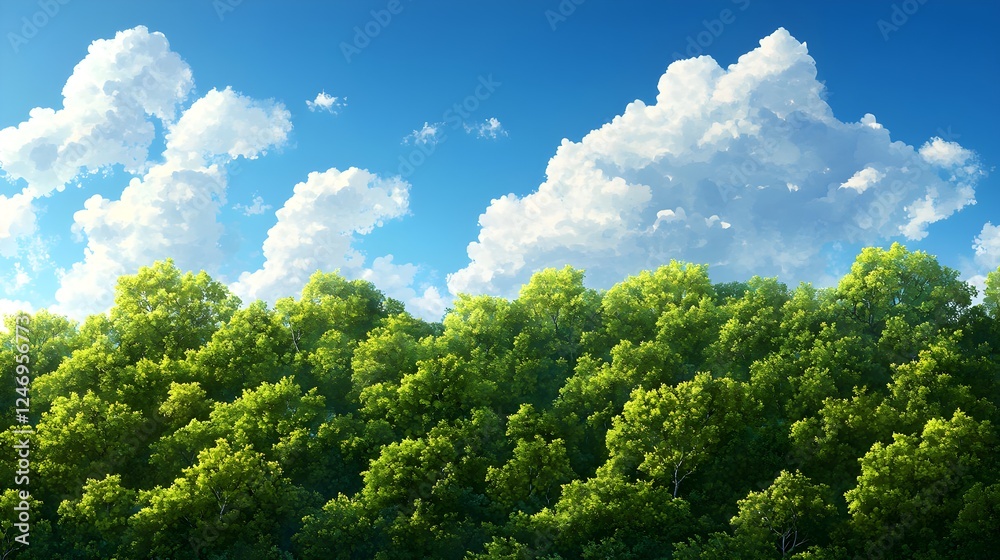 Lush Green Forest Canopy Under a Bright Blue Sky with Lush Green Forest Canopy Under a Bright Blue Sky with
