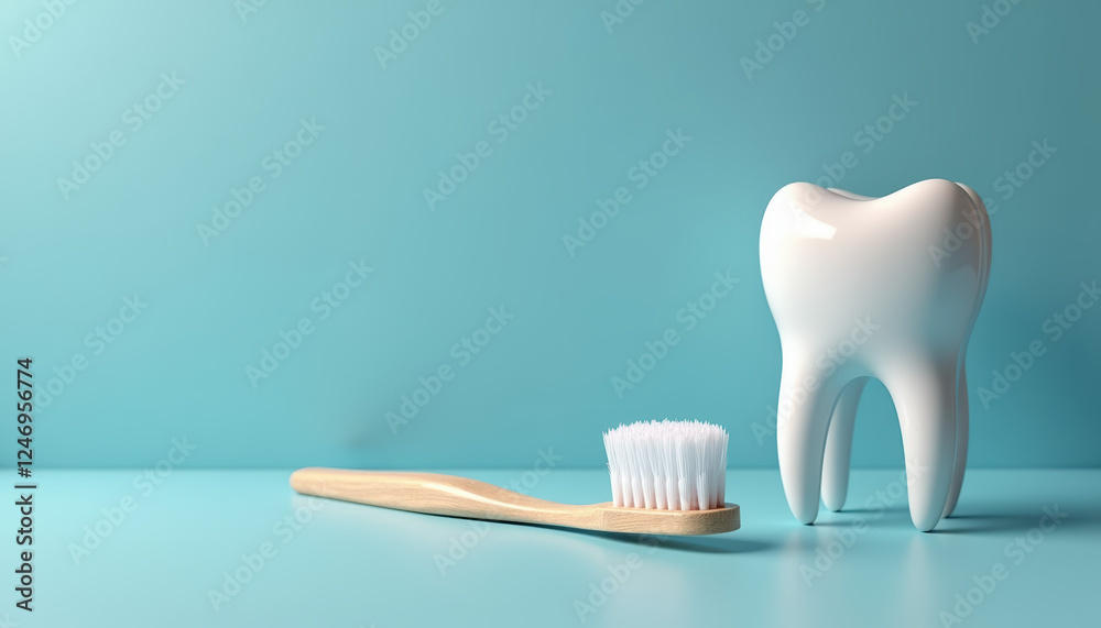 A playful setup of a large tooth and toothbrush symbolizing dental health awareness on World Oral Health Day banner. A playful setup of a large tooth and toothbrush symbolizing dental health awareness on World Oral Health Day banner.