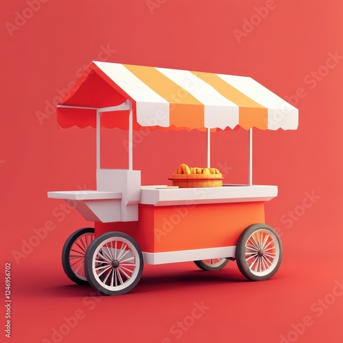 Orange food cart with striped awning serving snack on red background for advertising photo