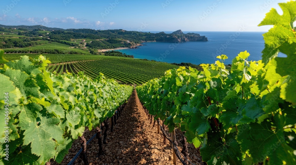 Coastal vineyard rows, sunny sea view, idyllic landscape, wine tourism