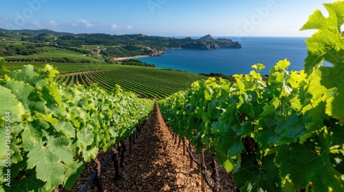 Obraz na płótnie Coastal vineyard rows, sunny sea view, idyllic landscape, wine tourism w salonie
