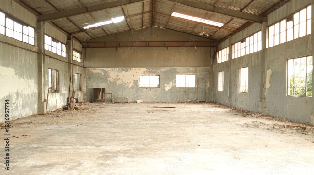 Obraz premium Empty Industrial Building Interior, Abandoned Factory