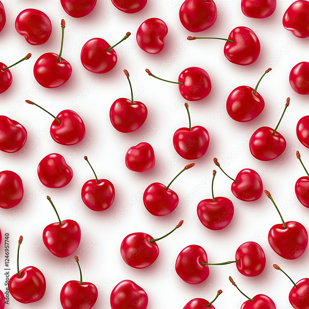 A vibrant pattern of red cherries scattered against a white background, showcasing their glossy surfaces and green stems. A vibrant pattern of red cherries scattered against a white background, showcasing their glossy surfaces and green stems.