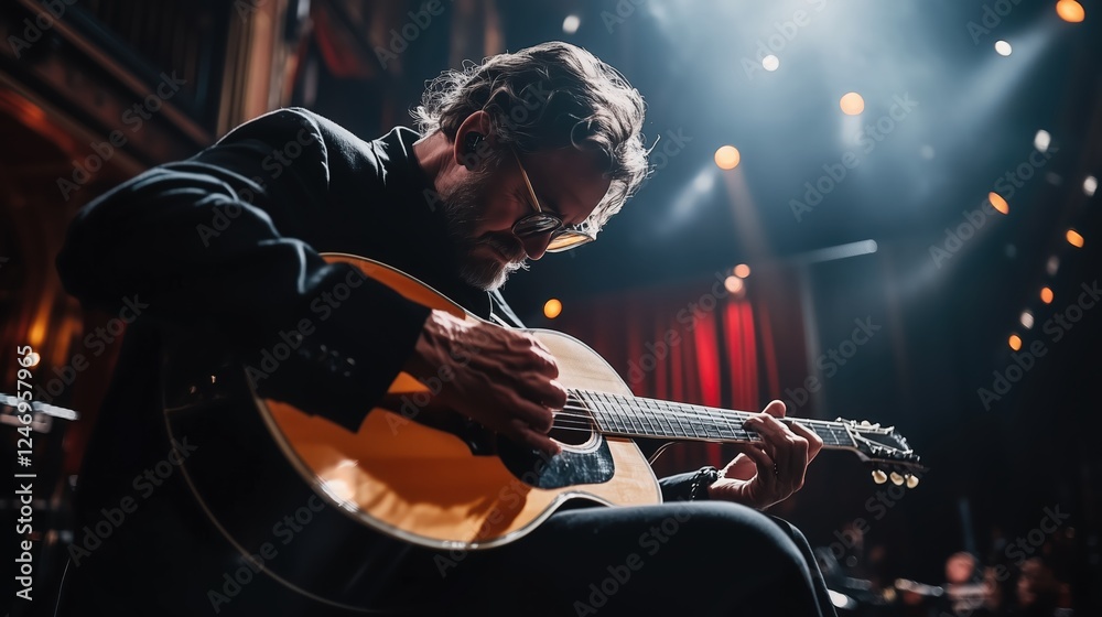 Fototapeta premium Musician playing acoustic guitar on stage during concert