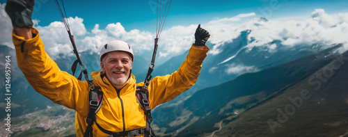 Senior man paragliding over mountain range with joyful expression, wearing yellow jacket and helmet, embracing outdoor adventure. Scenic landscape.