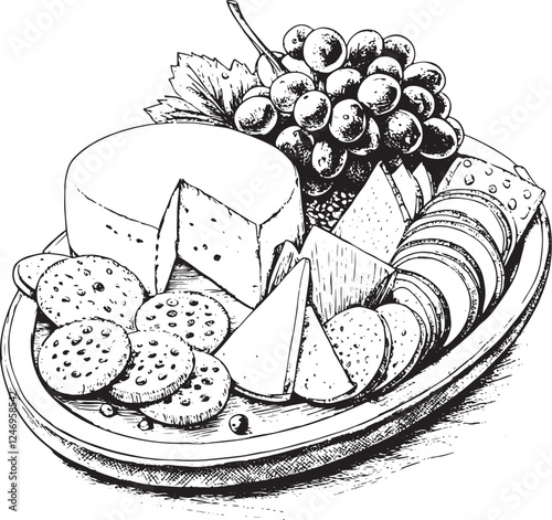 Cheese Platter Sketch Drawing Engraving Black and White Linear Line Art Vector Illustration, Isolated