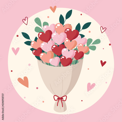 Bouquet with multicolored hearts in craft packaging. Valentines Day greeting card. Vector illustration