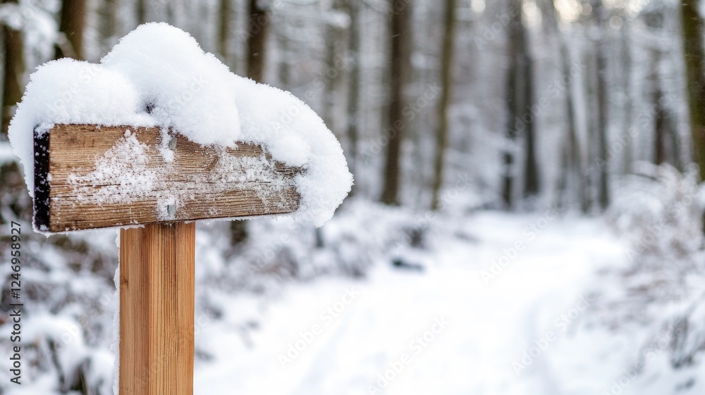 Naklejka premium Snow-covered signpost in peaceful winter forest