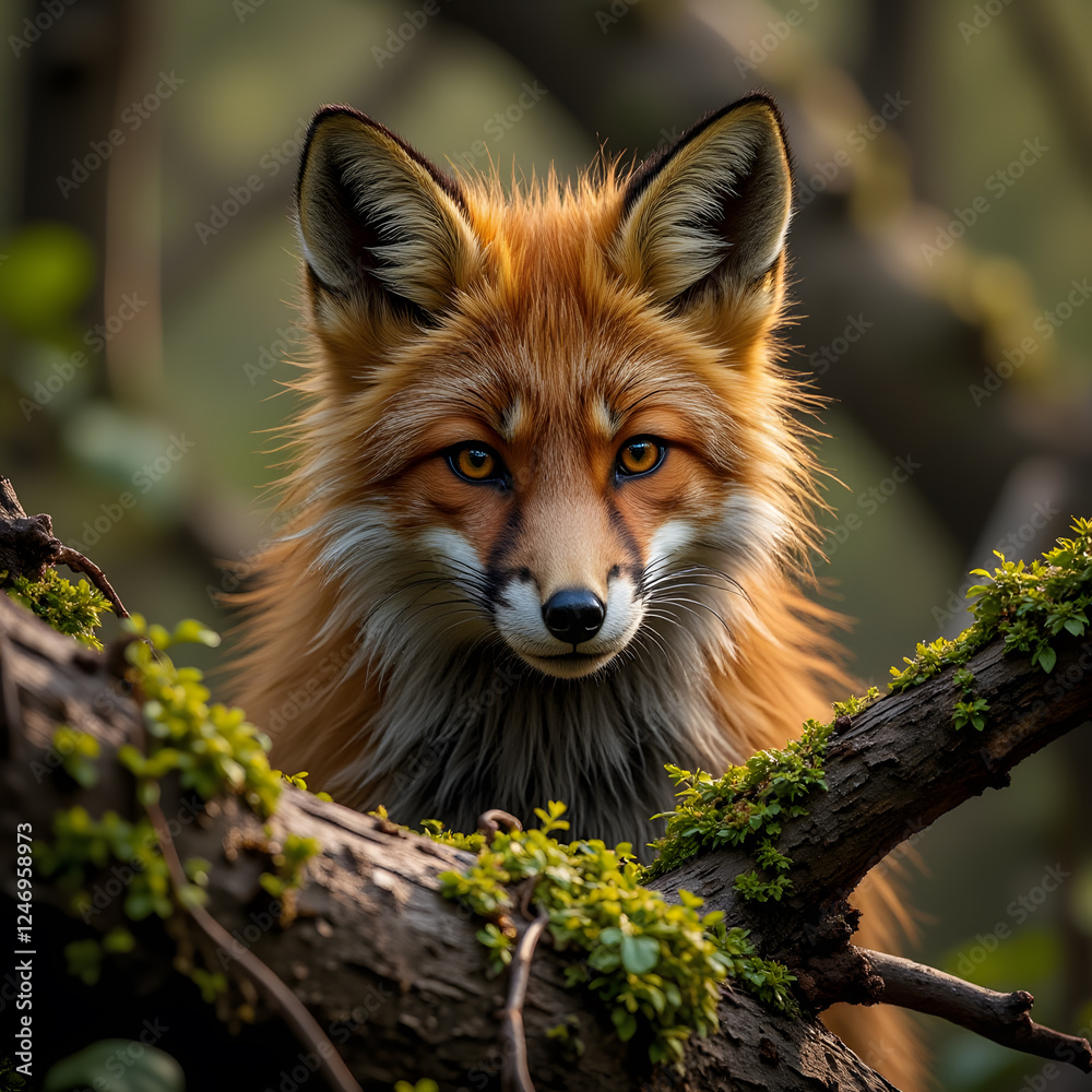 Fototapeta premium Alert Red Fox with Intense Gaze Perching on Mossy Branch Against Blurred Forest Background