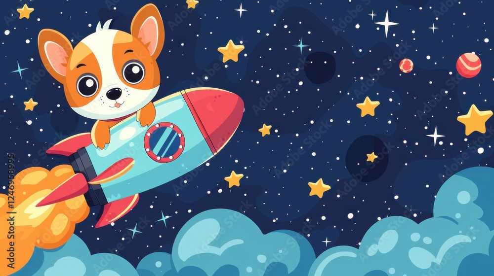 Fototapeta premium Cartoon dog face with a space ship, intergalactic background with stars