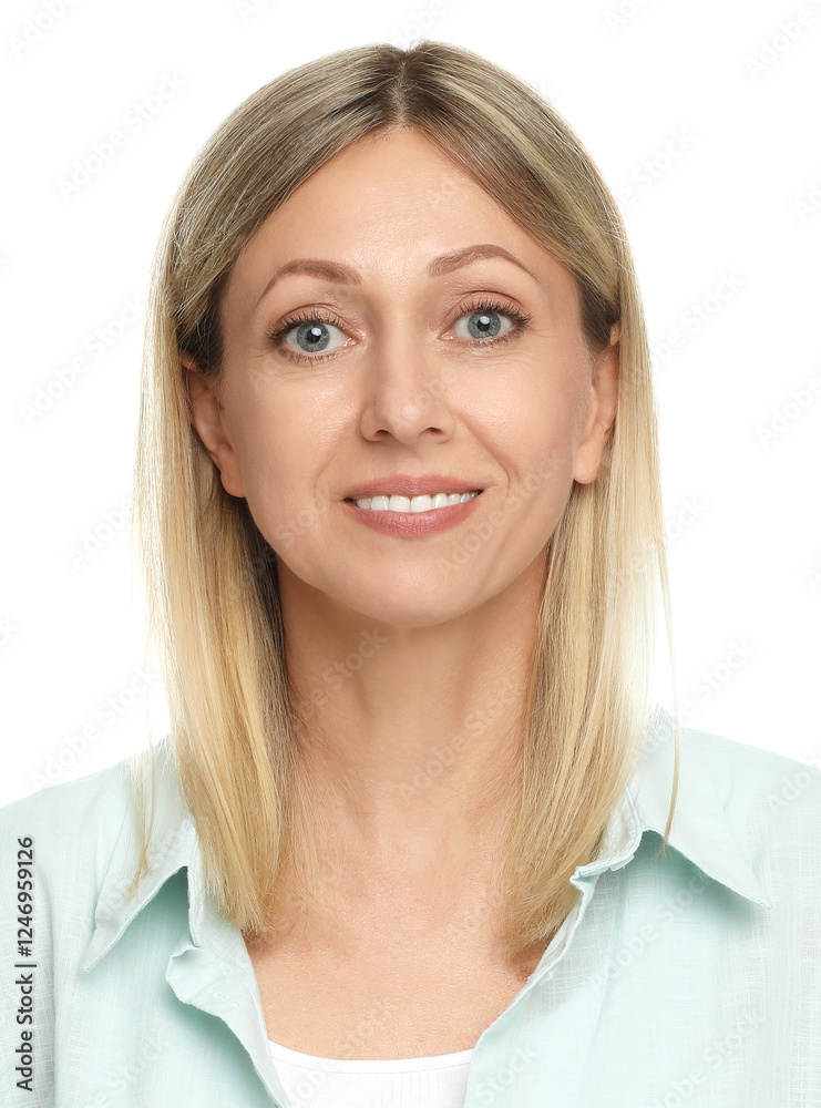 Passport photo. Portrait of woman on white background Passport photo. Portrait of woman on white background