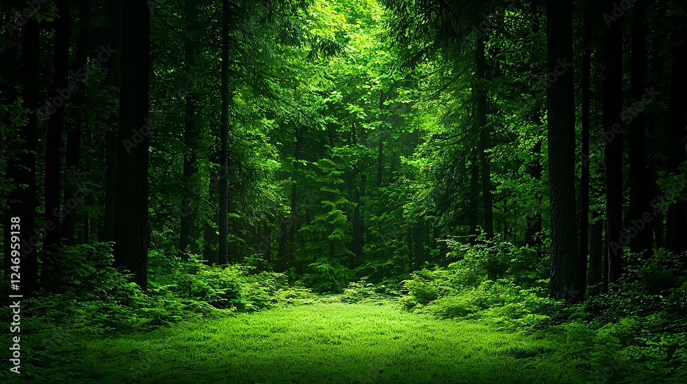 Obraz premium Lush Green Forest Path Sunlight