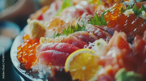 A close-up image of a beautifully arranged sushi platter featuring several pieces of nigiri sushi.
