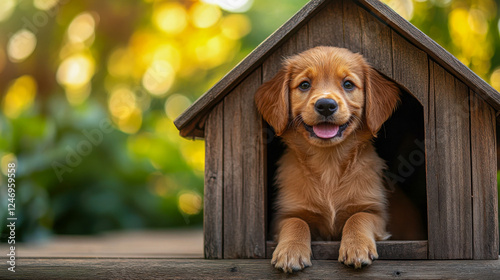 Cute puppy joyfully sitting in a small wooden house surrounded by greenery on a bright sunny day