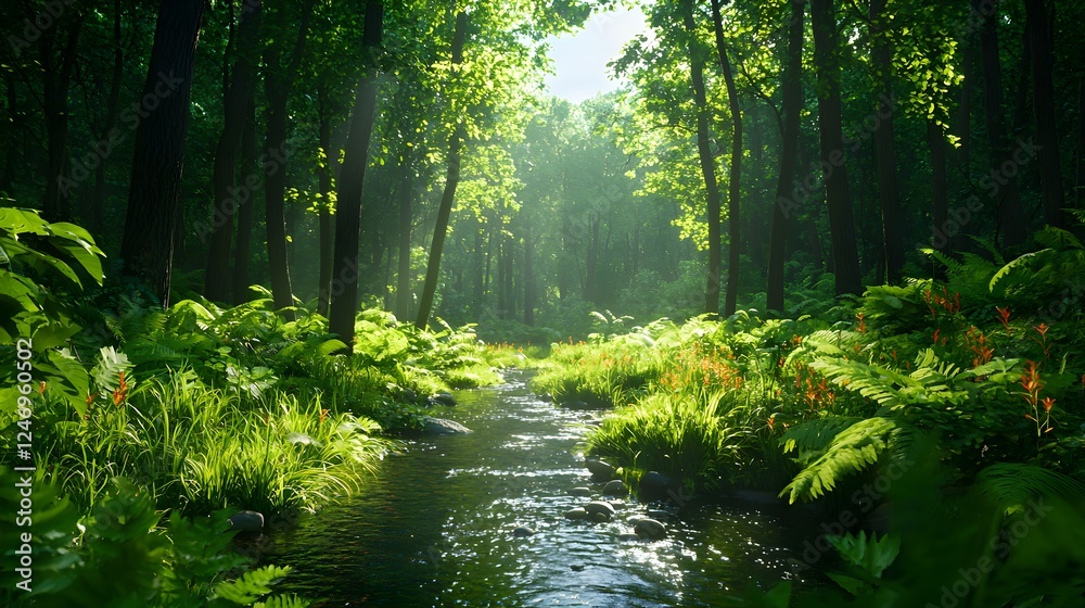 Obraz premium Lush Green Forest Stream Sunlight Daytime Peaceful Nature