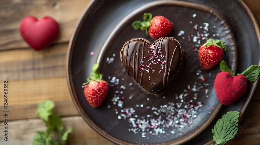 Heart Shaped Chocolate Cake with Fresh Strawberries for Romantic Valentines Day Dessert : Generative AI Heart Shaped Chocolate Cake with Fresh Strawberries for Romantic Valentines Day Dessert : Generative AI