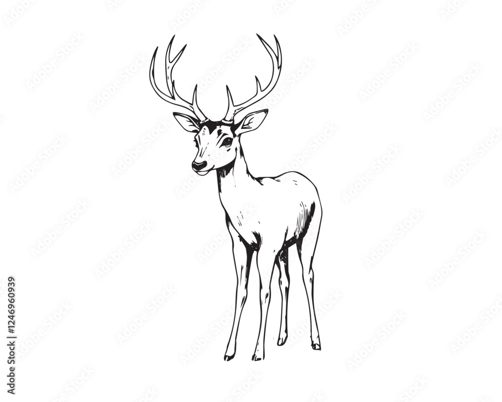 Obraz premium Black and white line art deer, vector