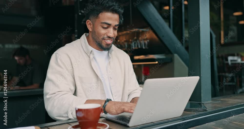 Remote work, laptop and happy man typing in cafe as interactive fiction writer in small business. Computer, coffee shop and digital nomad working on project, reading ebook and publish story online Remote work, laptop and happy man typing in cafe as interactive fiction writer in small business. Computer, coffee shop and digital nomad working on project, reading ebook and publish story online