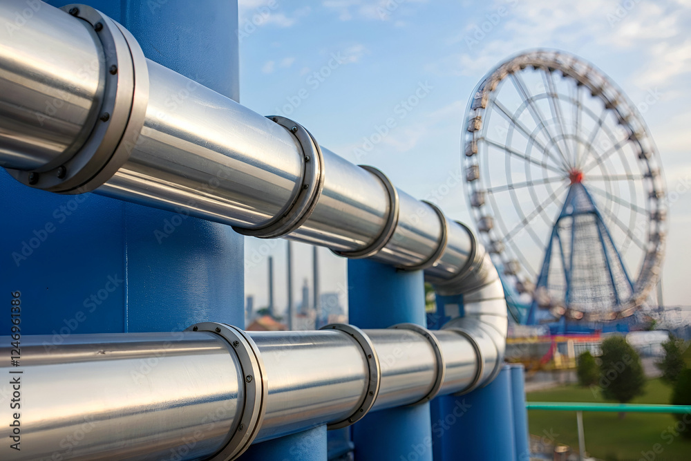 A close-up of metallic pipes with a ferris wheel in the background, combining industrial elements with a recreational atmosphere under a partly cloudy sky.