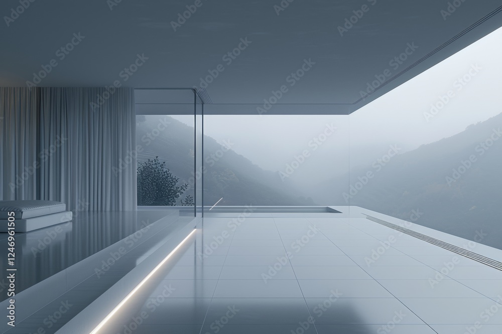 Obraz premium Modern bedroom design showcasing sleek bed, elegant curtains, and minimalist aesthetic with views