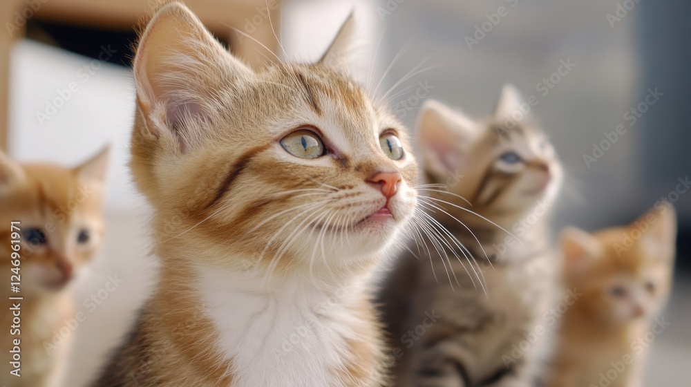 A mother cat surrounded by her kittens, gently licking one of them, peaceful and intimate moment A mother cat surrounded by her kittens, gently licking one of them, peaceful and intimate moment