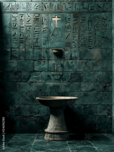 Unique ancient wall with carvings and a stone basin in a darkly lit setting