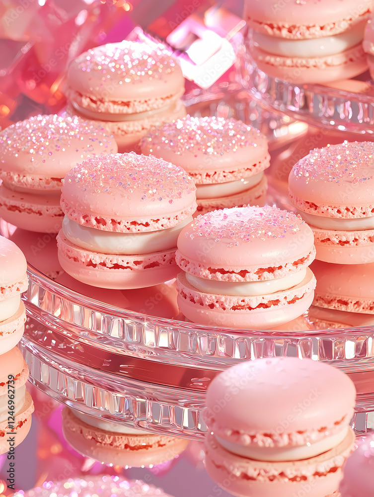 Delicate pink macarons displayed elegantly on a glass platter adorned with shimmering decorations Delicate pink macarons displayed elegantly on a glass platter adorned with shimmering decorations