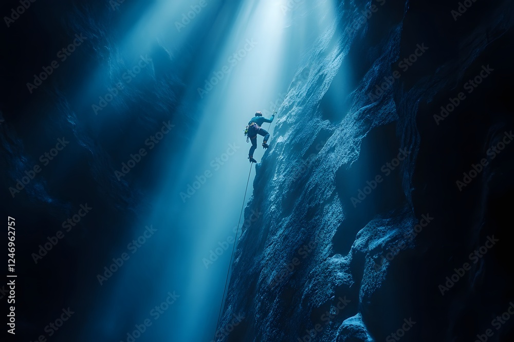 Fototapeta premium Scuba Diver Silhouette Exploring Underwater Cave in Aqua Blue Light