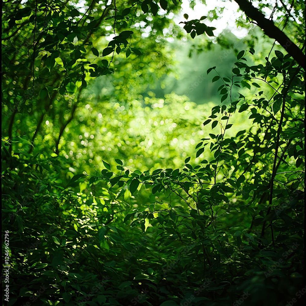 Lush Green Forest with Sunlight Dappled Through Leaves