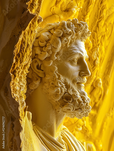 Detailed sculpture of a bearded figure with intricate curls bathed in a warm yellow light photo